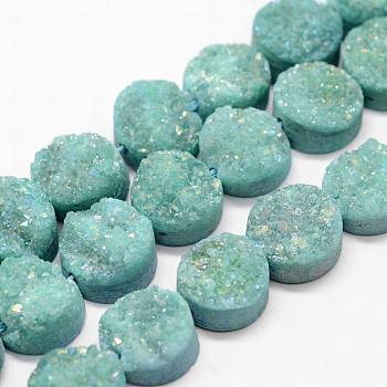 Electroplated Natural & Dyed Druzy Agate Bead Strands, Grade AB, Flat Round, Turquoise, 10x5~8mm, Hole: 1mm, about 20pcs/strand, 8.07 inch