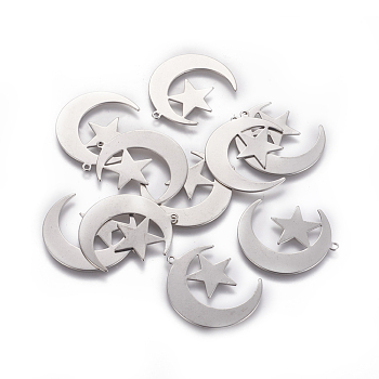 201 Stainless Steel Pendants, Moon and Star, Stainless Steel Color, 30x24x0.6mm, Hole: 1.4mm
