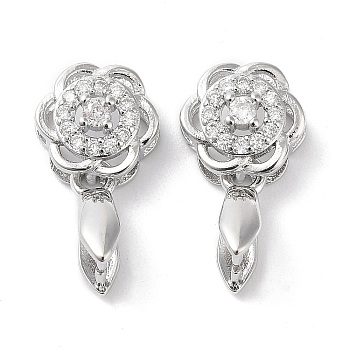 Brass Micro Pave Cubic Zirconia Ice Pick Pinch Bails, Flower, Platinum, 17x9mm, Hole: 5x2mm, Pin: 0.7mm