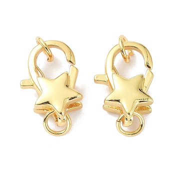 Eco-Friendly Brass Lobster Claw Clasps, with Jump Ring, Star, Real 18K Gold Plated, 15.7x10.7x6mm