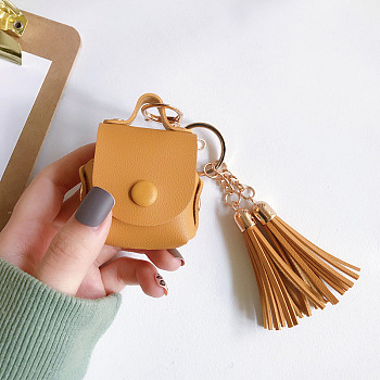 Imitation Leather Wireless Earbud Carrying Case, Earphone Storage Pouch, with Keychain & Tassel, Handbag Shape, Sandy Brown, 135mm