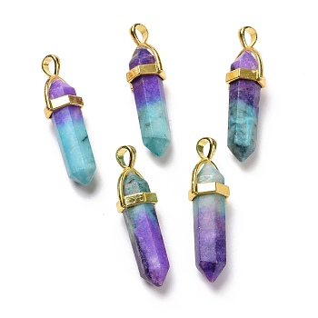 Natural Dyed Calcite Double Terminated Pointed Pendants, with Golden Tone Brass Findings, Bullet, Dark Violet, 40~41x13.5x10mm, Hole: 4x5mm