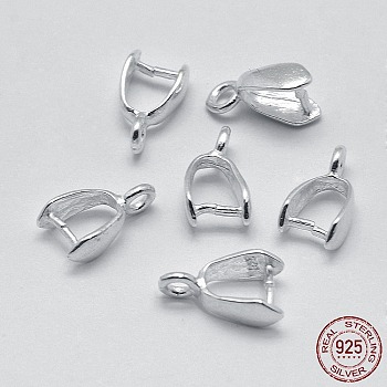 Rhodium Plated 925 Sterling Silver Pendant Bails, Ice Pick & Pinch Bails, Platinum, 4x4mm Inner Diameter, 9x5x3mm, Hole: 1.5mm, Pin: 0.8mm.