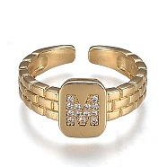 Brass Micro Pave Clear Cubic Zirconia Cuff Rings, Open Rings, Cadmium Free & Lead Free, Rectangle, Golden, Letter.M, US Size 6 1/4, Inner Diameter: 16.8mm(RJEW-H538-02G-M)