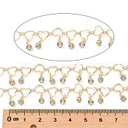 Rack Plating Brass Heart Link Chains, with Clear Glass Charms, Long-Lasting Plated, Soldered, with Spool, Light Gold, Heart: 6.5x7.5x1mm, Flat Round: 6x4x3mm, about 32.81 Feet(10m)/Roll(CHC-A007-14KCG)