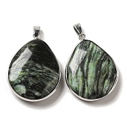 Natural Seraphinite Pendants, Platinum Plated Brass Teardrop Charms with Iron Snap on Bails, 40~40.5x29~30x8~9mm, Hole: 7x4mm(KK-F868-16P)