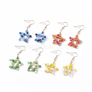 Glass Braided Star Dangle Earrings, Brass Wire Wrap Jewelry for Women, Mixed Color, 47mm, Pin: 0.8mm(EJEW-JE04897)