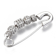 Brass Micro Pave Cubic Zirconia Safety Pins, Nickel Free, Clear, Real Platinum Plated, 37~38x14x5.5mm, Hole: 4mm, Pin: 1mm(ZIRC-S061-206P-NF)