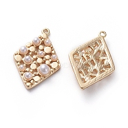 Brass Pendants, with Acrylic Imitation Pearl, Rhombus, Real 18K Gold Plated, 20.5x13.7x3.6mm, Hole: 1mm(KK-E783-03G)