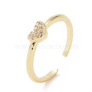 Clear Cubic Zirconia Heart Open Cuff Ring, Brass Jewelry for Women, Golden, Inner Diameter: 16mm(RJEW-E072-13G)