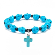 Natural Mashan Jade Skull Beaded Stretch Bracelet with Synthetic Turquoise(Dyed) Cross Charm, Gemstone Jewelry for Women, Cyan, Inner Diameter: 2-1/8 inch(5.5cm)(BJEW-JB08378-04)