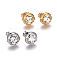 304 Stainless Steel Stud Earrings, with Cubic Zirconia and Ear Nuts, Flat Round, Clear, Mixed Color, 9mm, Pin: 0.7mm, 6pairs/card(EJEW-L251-A01)