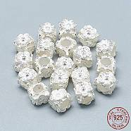 925 Sterling Silver European Beads, Large Hole Beads, Cube with Flower, Silver, 7x8x8mm, Hole: 4mm(STER-T002-43S)