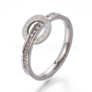 304 Stainless Steel Finger Rings, with Rhinestone, Flat Round with Roman Numerals, Crystal, Stainless Steel Color, Size 6~9, 16~19mm(RJEW-E158-07P)