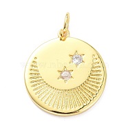 Brass Micro Pave Clear Cubic Zirconia Pendants, with Jump Ring, Long-Lasting Plated, Flat Round with Moon & Star, Real 18K Gold Plated, 22x20x2mm, Jump Ring: 6x1mm, 4mm Inner Diameter(ZIRC-L091-104G)