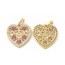 Brass Micro Pave Cubic Zirconia Pendants, Heart Charm, Golden, Fuchsia, 21x20x2mm, Hole: 5x3mm(KK-H441-38G)