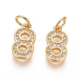 Brass Micro Pave Clear Cubic Zirconia Charms, with Jump Ring, Number, Golden, Num.8, 12.5x7x2mm, Hole: 3mm(ZIRC-L092-08-G)