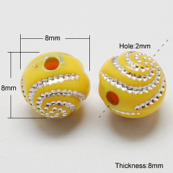 Plating Acrylic Beads, Metal Enlaced, Round, Yellow, 7~8x7~8x7~8mm, Hole: 2mm, about 540pcs/150g(PACR-S188-8mm-05)