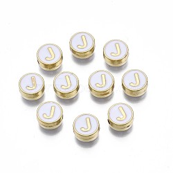 Alloy Enamel Beads, Cadmium Free & Lead Free, Light Gold, Flat Round with Alphabet, White, Letter.J, 8x4mm, Hole: 1.5mm(ENAM-N052-006-01J-RS)