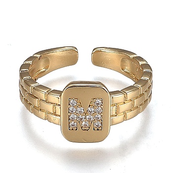 Brass Micro Pave Clear Cubic Zirconia Cuff Rings, Open Rings, Cadmium Free & Lead Free, Rectangle, Golden, Letter.M, US Size 6 1/4, Inner Diameter: 16.8mm