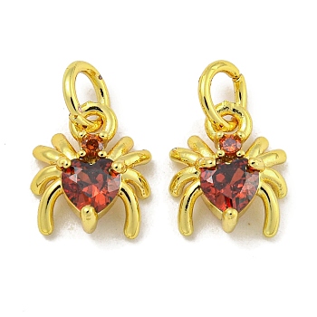 Rack Plating Brass Micro Pave Cubic Zirconia Spider Charms, Long-Lasting Plated, Cadmium Free & Lead Free, Real 18K Gold Plated, Red, 9x8x4mm, Hole: 3.5mm