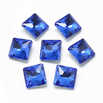 Pointed Back Glass Rhinestone Cabochons, Back Plated, Faceted, Square, Cornflower Blue, 10x10x5mm