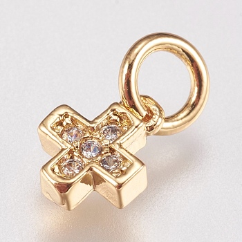 Brass Cubic Zirconia Tiny Cross Charms, Golden, 6.5x5x1.8mm, Hole: 3.5mm