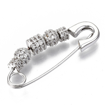 Brass Micro Pave Cubic Zirconia Safety Pins, Nickel Free, Clear, Real Platinum Plated, 37~38x14x5.5mm, Hole: 4mm, Pin: 1mm