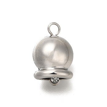 304 Stainless Steel Pendant, with Rhinestone, Christmas Bell, Stainless Steel Color, 15.5x10x7.5mm, Hole: 2mm