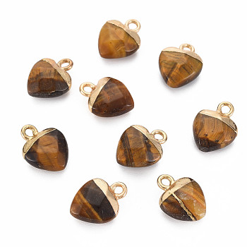 Natural Tiger Eye Charms, with Light Gold Plated Iron Findings, Heart, 13.5x10.5x5~5.5mm, Hole: 1.6~1.8mm