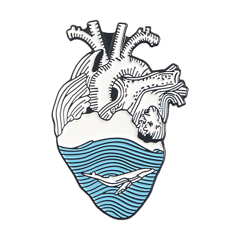 Creative Zinc Alloy Brooches, Enamel Lapel Pin, with Iron Butterfly Clutches or Rubber Clutches, Electrophoresis Black Color, Anatomical Heart Shape with Sea, Light Sea Green, 31x21.5mm, Pin: 1mm