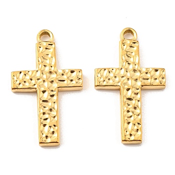 Vacuum Plating 304 Stainless Steel Pendants, Textured, Cross Charm, Golden, 29x17x2.5mm, Hole: 2mm