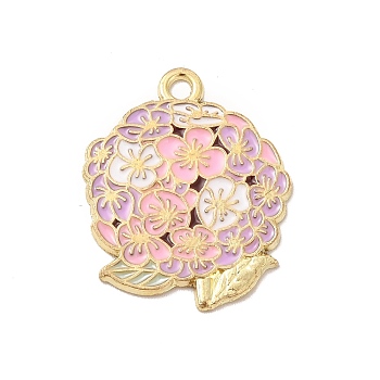 Alloy Enamel Pendants, Lavender Charm, Light Gold, Pearl Pink, 23x19x1mm, Hole: 2mm