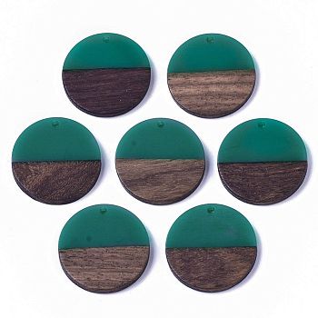 Resin & Wood Pendants, Flat Round, Dark Cyan, 28.5x3.5~4mm, Hole: 1.5mm