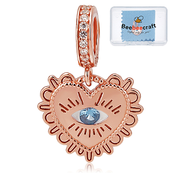 Beebeecraft 1Pc Sterling Silver Pave Dodger Blue Cubic Zirconia European Dangle Charms, Heart with Evil Eye, with 1Pc Square Silver Polishing Cloth, Rose Gold, Heart: 20mm, Hole: 4.5mm, Cloth: 78.5x78.5x0.2mm, about 2pcs/set