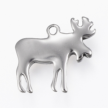 304 Stainless Steel Charms, Christmas Reindeer/Stag , Stainless Steel Color, 15x16x2.5mm, Hole: 1.2mm