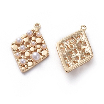 Brass Pendants, with Acrylic Imitation Pearl, Rhombus, Real 18K Gold Plated, 20.5x13.7x3.6mm, Hole: 1mm