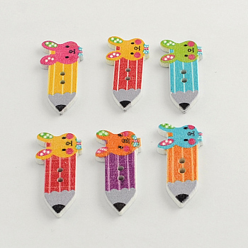 2-Hole Printed Wooden Buttons, Pencil, Mixed Color, 33x15x2.5mm, Hole: 2mm