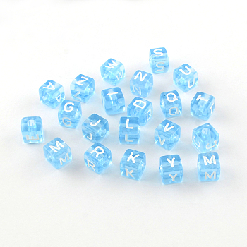 Transparent Acrylic European Beads, Random Mixed Letters, Horizontal Hole, Large Hole Cube Beads, Light Sky Blue, 10x10x10mm, Hole: 4mm