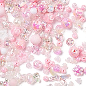 Acrylic Beads, Mixed Shapes, Pink, 7~36.5x7~36.5x5.5~36.5mm, Hole: 1.8~4.5mm, about 299Pcs/500G