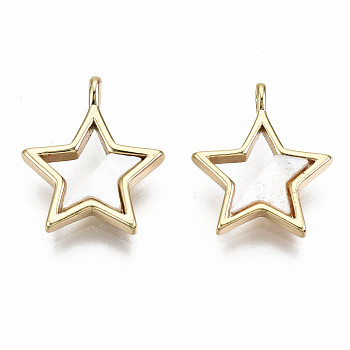 Natural Freshwater Shell Charms, with Brass Findings, Nickel Free, Loops, Star, Real 18K Gold Plated, 14x12x1.5mm, Hole: 1.4mm