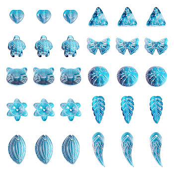 64Pcs Gradient Color Transparent Glass Beads, Mixed Shapes, Dark Turquoise, 8~23x8~20x3.5~8mm, Hole: 1~1.4mm