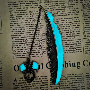 Luminous Brass Feather Bookmark, Dragon Pendant Bookmark, Glow in The Dark, Antique Bronze, 205x2mm