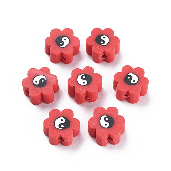 Handmade Polymer Clay Beads, for DIY Jewelry Crafts Supplies, Flower with Yinyang, FireBrick, 8~9x7.5~8.5x4~4.5mm, Hole: 1.6~1.8mm