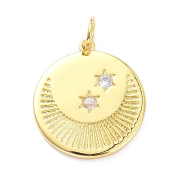 Brass Micro Pave Clear Cubic Zirconia Pendants, with Jump Ring, Long-Lasting Plated, Flat Round with Moon & Star, Real 18K Gold Plated, 22x20x2mm, Jump Ring: 6x1mm, 4mm Inner Diameter
