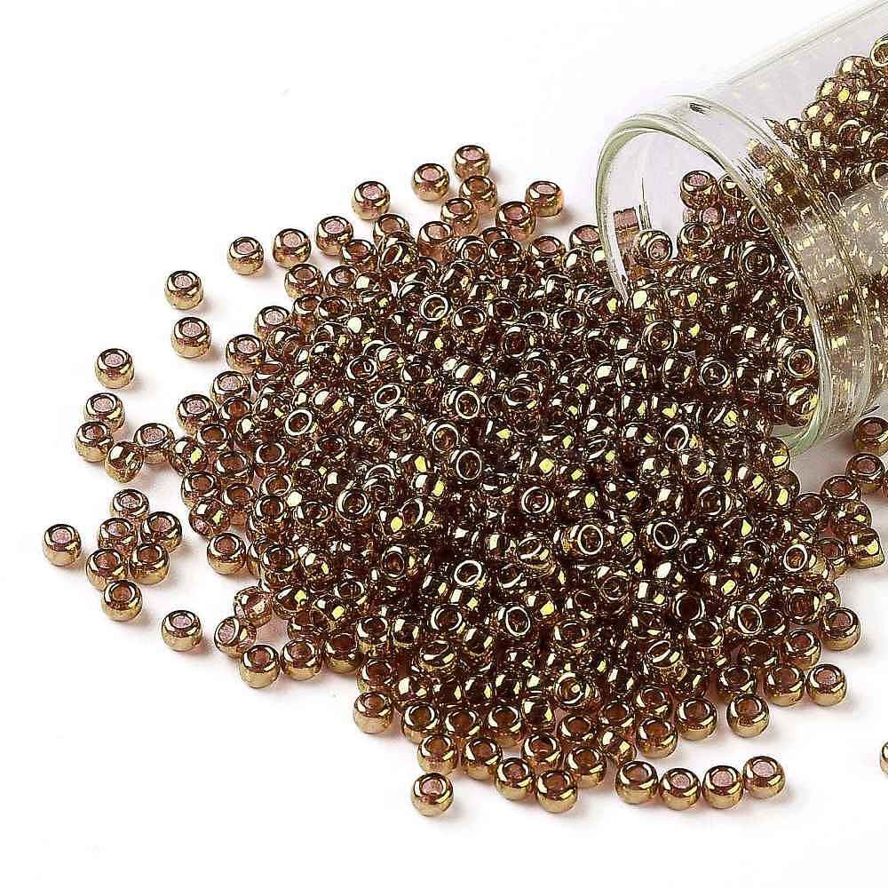 8/0 Glass Seed Beads, Metallic Colours Style, Round, Gold, 8/0, 3mm, Hole:  1mm, about 1111pcs/50g