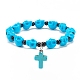 Natural Mashan Jade Skull Beaded Stretch Bracelet with Synthetic Turquoise(Dyed) Cross Charm(BJEW-JB08378-04)-1