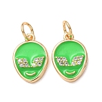 Brass Micro Pave Clear Cubic Zirconia Charms, with Green Enamel, Extra Terrestrial Charms, Rack Plating, Long-Lasting Plated, Cadmium Free & Lead Free, Real 18K Gold Plated, 14x9.5x2.5mm, Hole: 3mm(CU-K002-23G)