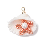 Cylinder Seed Beaded Starfish & Shell Pendants, Shell Shape Charms with Round Shell Pearl, Golden, Light Salmon, 27.5~28x26~27x8.5~11mm, Hole: 2mm(PALLOY-MZ00547-01)
