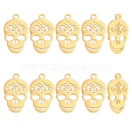 10Pcs 201 Stainless Steel Pendants, Manual Polishing, Sugar Skull, For Mexico Holiday Day of the Dead, Real 18K Gold Plated, 17x10.5x1.5mm, Hole: 1.2mm(STAS-UN0030-52)